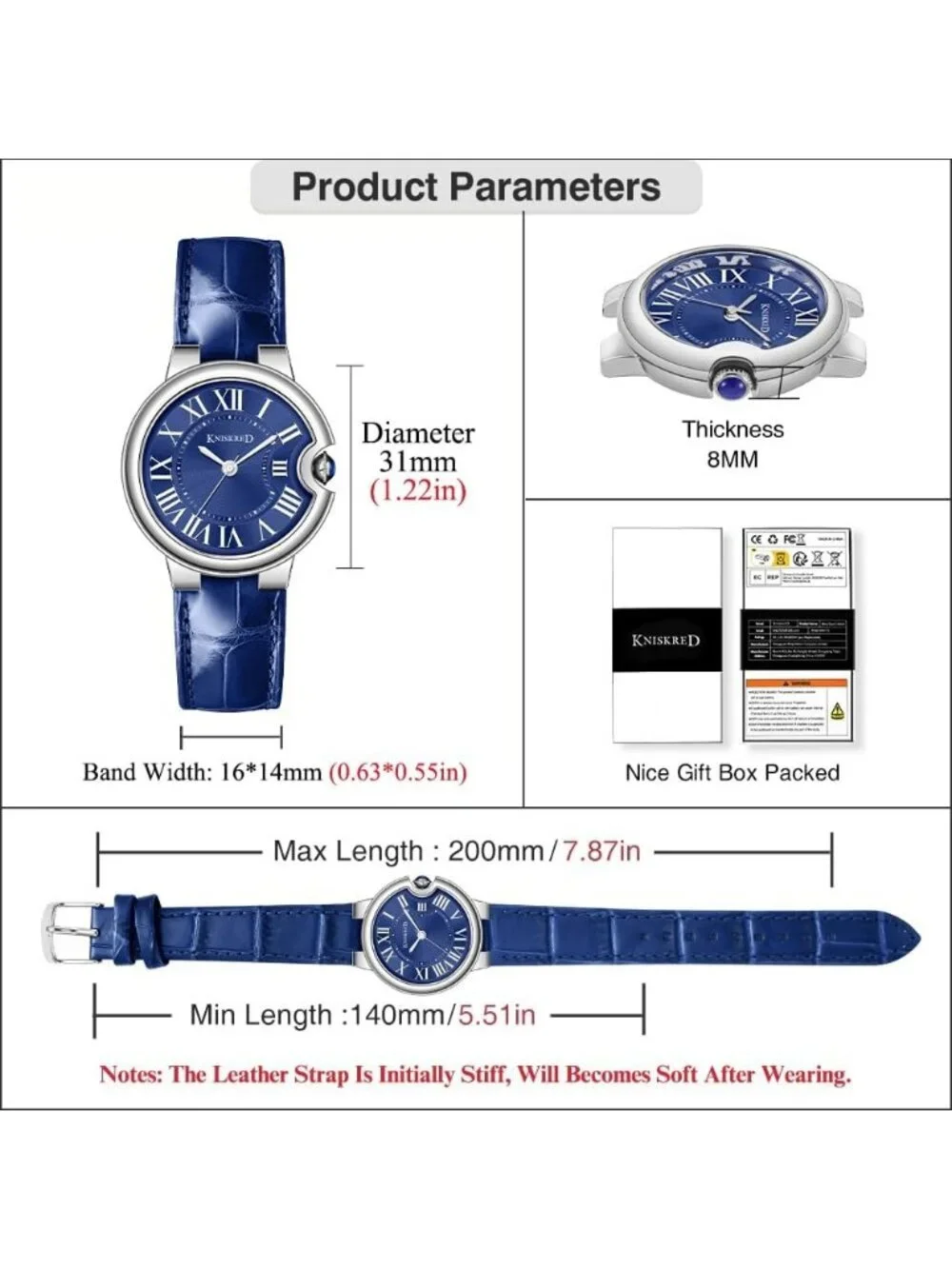 Women's Blue Silver Roman Numerals Solid Vintage Leather Strap Wrist Watches